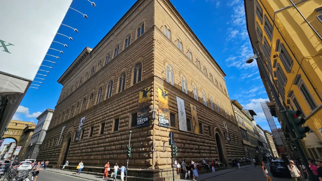 Palazzo Strozzi in Florence, Italy, with banners for the Kiefer exhibition.